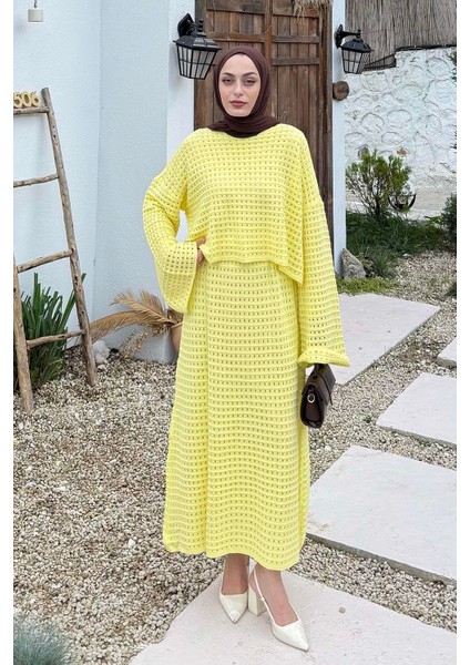 Ajurlu Triko Tesettür Takım Sarı