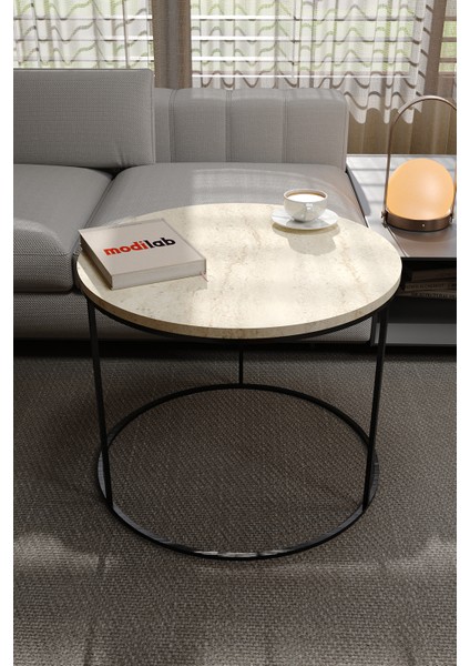 Lüx Orta Sehpa Modern Yuvarlak Orta Sehpa Atlantik Çam Traverten Desen Metal Ayaklı Ahşap Tasarım