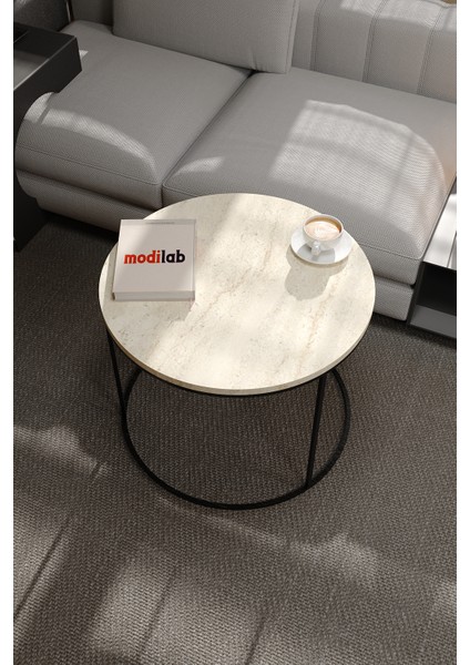 Lüx Orta Sehpa Modern Yuvarlak Orta Sehpa Atlantik Çam Traverten Desen Metal Ayaklı Ahşap Tasarım fırsatları