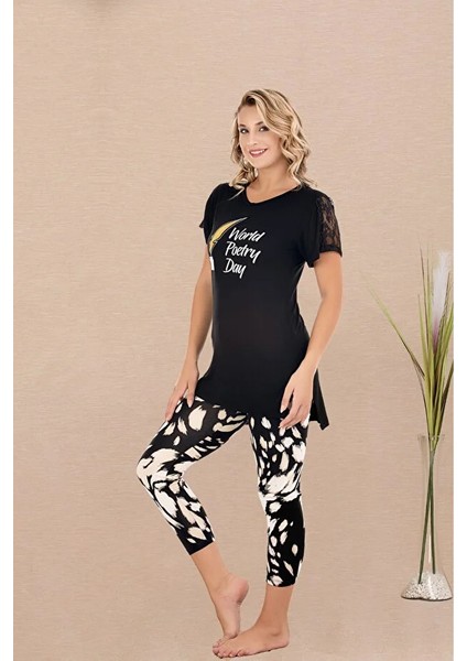 Lady Lingerie Kısa Kollu Kapri Taytlı Kadın Pijama Takımı