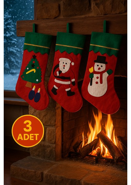 Keçeden Yılbaşı Çorabı Seti Üçlü Noel Baba Kardan Adam Ağaç Desenli Şömine Süsü Dekoratif Ürün