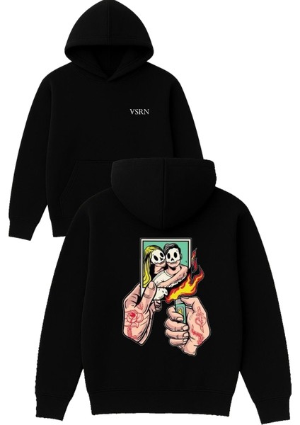 Yak Bütün Fotoğrafları Tasarım Baskılı Oversize Siyah Kapüşonlu Sweatshirt