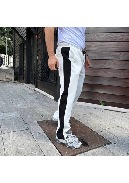 Erkek Üç Iplik Kışlık Pamuklu Yandan Garneli Kalın Şeritli Cepli Eşofman Altı - Beyaz modelleri