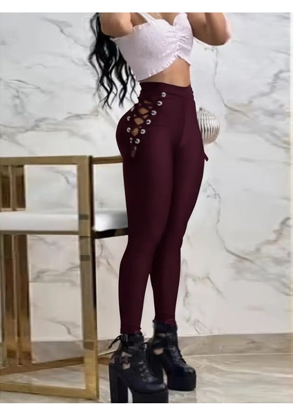 Aknbutik Kadın Yüksek Bel Çapraz Bağcıklı Tül Detaylı Dalgıç Tayt indirimleri