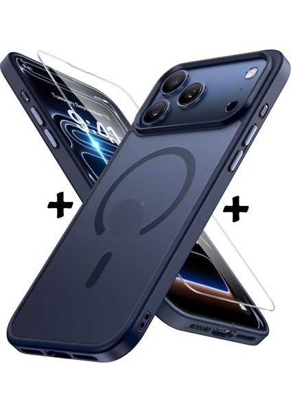 Apple iPhone 17 Pro Max Kılıf Mat Magsafe Şarj Özellikli Hassas Butonlu Yumuşak Renkli Kenarlı + Ekran Koruyucu Cam Set 2in1