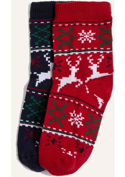 Erkek Bebek Yılbaşı Temalı Dikişsiz 2'li Pamuklu Uzun Çorap G3991A5NS