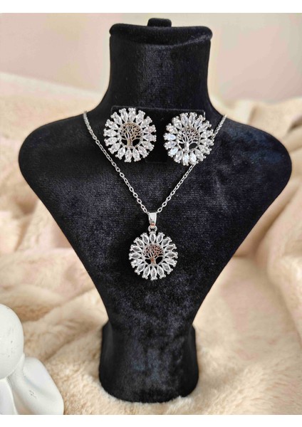 Zirkon Taşlı Çelik Hayat Ağacı Kolye ve Küpe Seti fiyatları