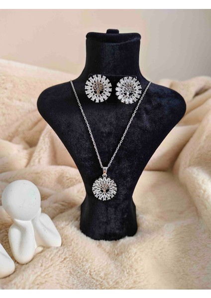 Zirkon Taşlı Çelik Hayat Ağacı Kolye ve Küpe Seti modelleri
