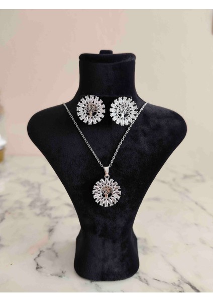 Zirkon Taşlı Çelik Hayat Ağacı Kolye ve Küpe Seti