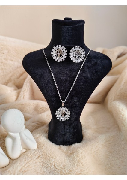 Zirkon Taşlı Çelik Hayat Ağacı Kolye ve Küpe Seti