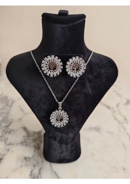 Zirkon Taşlı Çelik Hayat Ağacı Kolye ve Küpe Seti