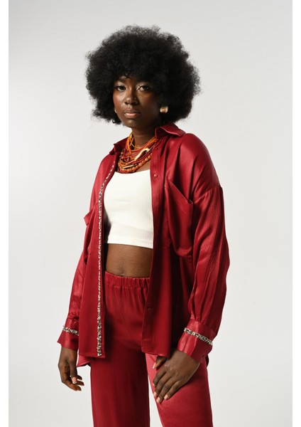 Kadın Önü ve Kolları Taş-Pul Işlemeli Düz Renk Gömlek