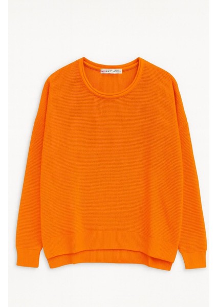 6183 Kadın Nopeli Oversize Triko Ince Kazak Oranj