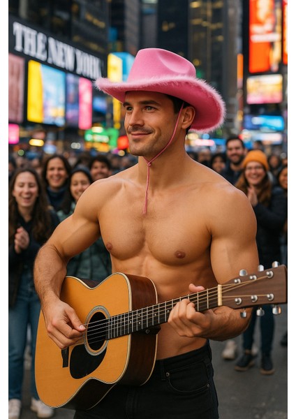 Pembe Tüylü Kovboy Şapkası Ayarlanabilir Pembe Ipli Yetişkin Boy Parti Kostüm Aksesuarı