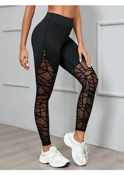 Kadın Yüksek Bel Geometrik Desen File Detaylı Dalgıç Tayt