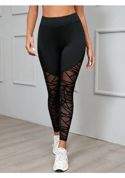 Kadın Yüksek Bel Geometrik Desen File Detaylı Dalgıç Tayt indirimleri