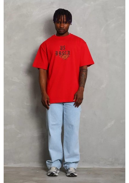 Unisex Oversize Baskılı Bisiklet Yaka T-Shirt - Kırmızı fiyatları