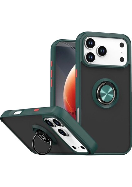 Apple iPhone 17 Pro Max Kılıf Mat Parmak Izi Yapmaz Renkli Tuşlu 360 Yüzüklü Standlı Military Kamera Korumalı Armour Zırh Kapak