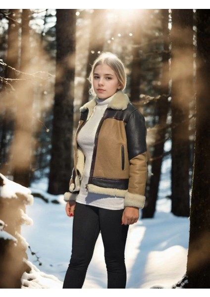 Kadın Uzun Kollu Yakalı Hakiki Kürk - Kahve