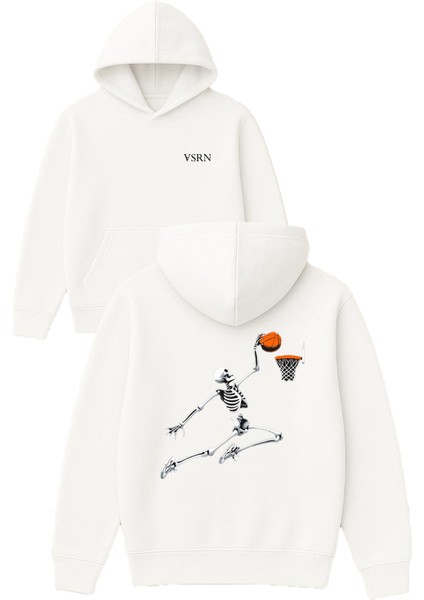 Iskelet Basketbolcu Tasarım Baskılı Oversize Beyaz Kapüşonlu Sweatshirt