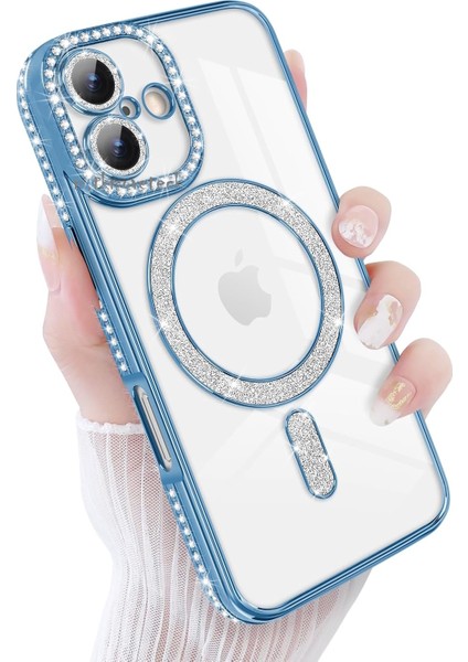 Apple iPhone 17 Kılıf Simli Taşlı Lens Korumalı Arkası Şeffaf Kenarı Renkli Parlak Magsafe Kapak