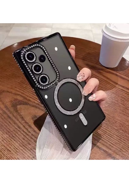 Samsung Galaxy A15 Kılıf Simli Taşlı Lens Korumalı Arkası Şeffaf Kenarı Renkli Parlak Magsafe Kapak