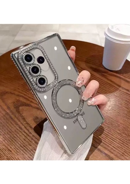 Samsung Galaxy A15 Kılıf Simli Taşlı Lens Korumalı Arkası Şeffaf Kenarı Renkli Parlak Magsafe Kapak