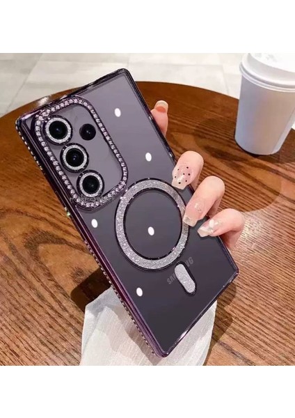 Samsung Galaxy A15 Kılıf Simli Taşlı Lens Korumalı Arkası Şeffaf Kenarı Renkli Parlak Magsafe Kapak