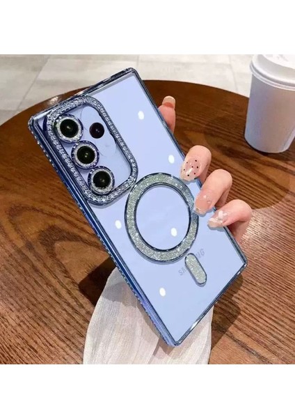 Samsung Galaxy A15 Kılıf Simli Taşlı Lens Korumalı Arkası Şeffaf Kenarı Renkli Parlak Magsafe Kapak