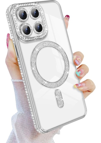 Xiaomi Mi 14T Pro Kılıf Simli Taşlı Lens Korumalı Arkası Şeffaf Kenarı Renkli Parlak Magsafe Kapak