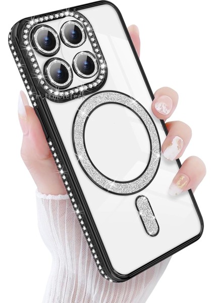 Xiaomi Mi 14T Pro Kılıf Simli Taşlı Lens Korumalı Arkası Şeffaf Kenarı Renkli Parlak Magsafe Kapak