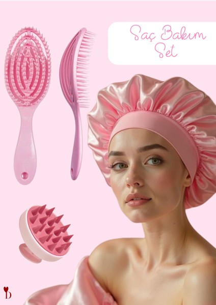 3'lü Saç Bakım Seti | 3D Saç Fırçası + Saten Bone + Masaj Aleti | Saç Dökülmesine Karşı Etkili!