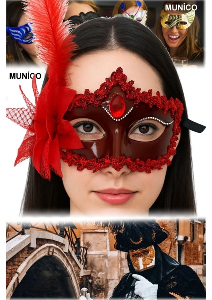 3 Adet Kırmızı Mat Maske – 16X22 Cm, Tüylü ve Güllü Tasarım | Özel Davetler ve Fotoğraf Çekimi Için fırsatları