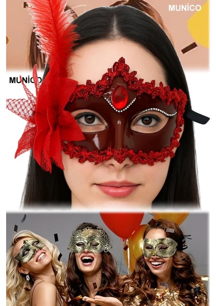 3 Adet Kırmızı Mat Maske – 16X22 Cm, Tüylü ve Güllü Tasarım | Özel Davetler ve Fotoğraf Çekimi Için