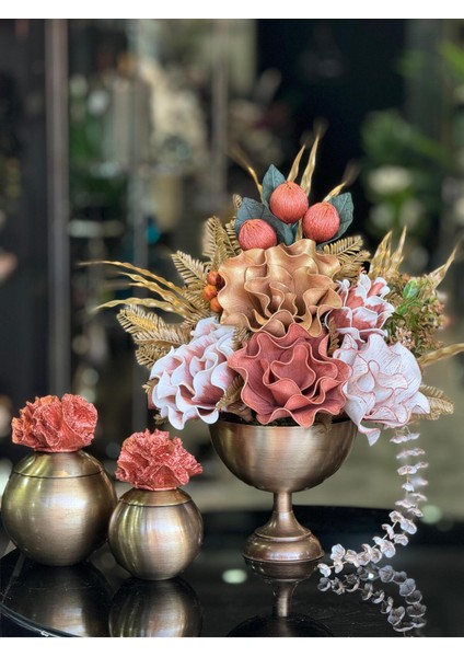 Yapay Çiçekli Antik Yuvarlak Vazo 3 Parça Set No:7