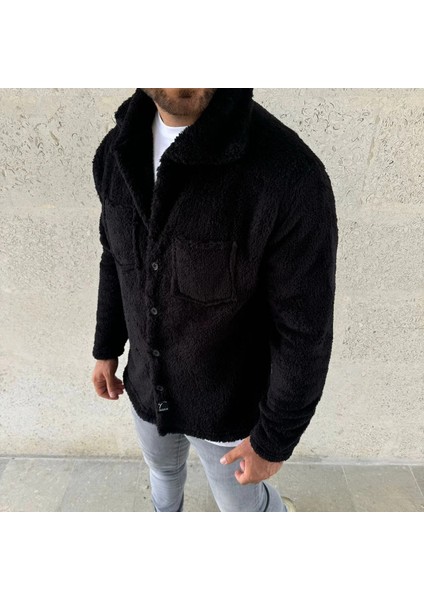 Erkek Pelüş Polar Hırka Gömlek – Yakalı, Ilik Düğmeli, Göğüs Cepli, Yumuşak Dokulu Kışlık Regular Fit Rahat Günlük Model - Siyah fiyatları