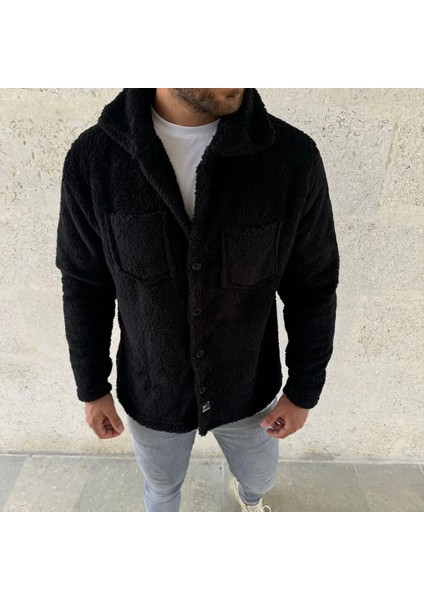 Erkek Pelüş Polar Hırka Gömlek – Yakalı, Ilik Düğmeli, Göğüs Cepli, Yumuşak Dokulu Kışlık Regular Fit Rahat Günlük Model - Siyah fırsatları