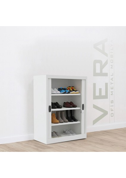 Sürgülü Kapaklı Metal Ayakkabılık – Geniş Raflı Kiler & Arşiv Dolabı