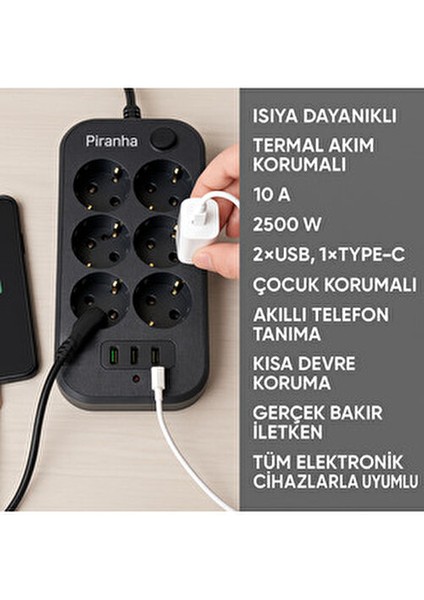 Akım Korumalı Uzatma Kablosu 2 m 6 Prizli USB Portlu Çocuk Koruma Özellikli fiyatları