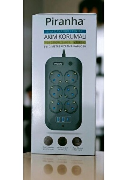 Akım Korumalı Uzatma Kablosu 2 m 6 Prizli USB Portlu Çocuk Koruma Özellikli fırsatları