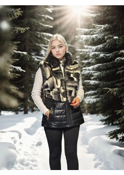 Kadın Kolsuz Hakiki Deri Kürk - Siyah