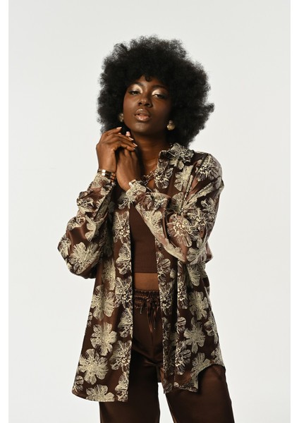 Kadın Kahverengi Renk Çiçekli Oversize Kesim Gömlek