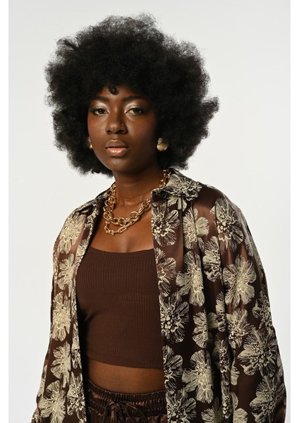 Kadın Kahverengi Renk Çiçekli Oversize Kesim Gömlek fiyatları