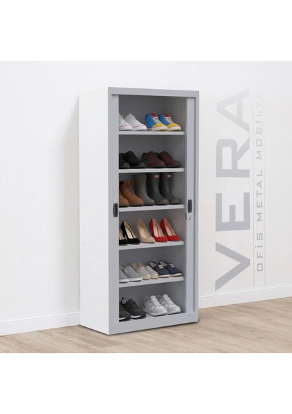 Sürgülü Kapaklı Metal Ayakkabılık – Geniş Raflı Kiler & Arşiv Dolabı