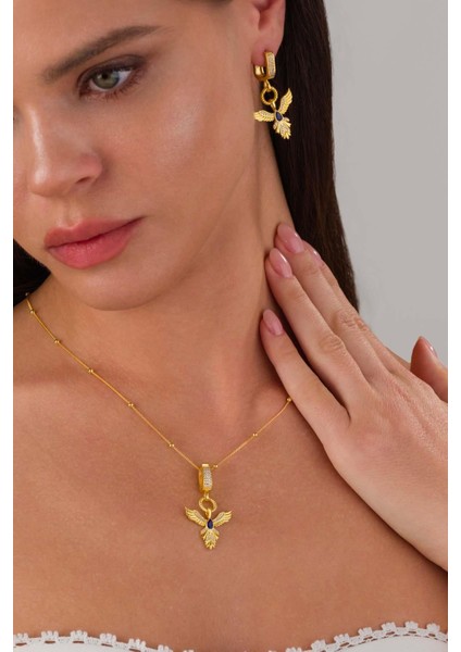 Safir Taşlı Altın Kaplama Anka Kuşu 925 Ayar Gümüş Set