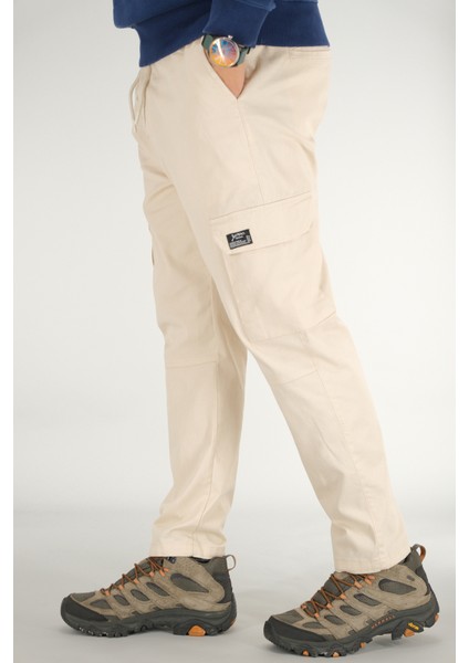 Erkek Bej Kargo Cepli Pantolon Rahat Kesim Pamuklu Lastikli Bel