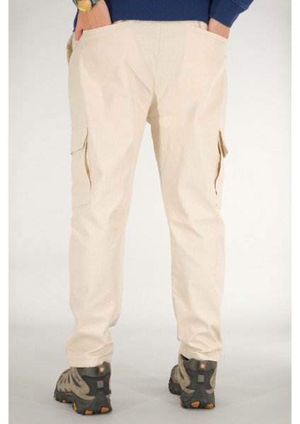 Erkek Bej Kargo Cepli Pantolon Rahat Kesim Pamuklu Lastikli Bel