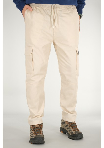 Erkek Bej Kargo Cepli Pantolon Rahat Kesim Pamuklu Lastikli Bel
