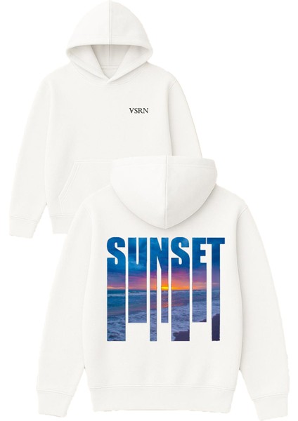 Sunset Koyu Mavi Tasarım Baskılı Oversize Beyaz Kapüşonlu Sweatshirt