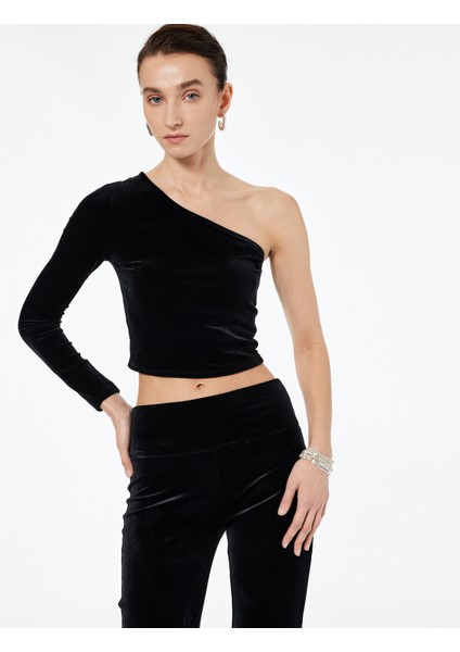Slim Fit Asimetrik Yaka Uzun Kollu Crop Tek Omuz Kadife Bluz